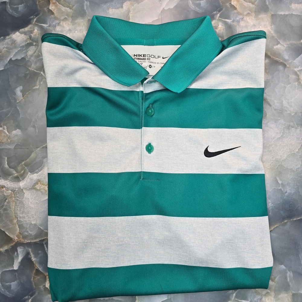 NEW Nike Golf Mens Dri-FIT Striped Polo Shirt Teal Green Grey Size Medium